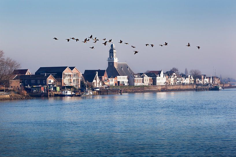 Das Dorf Lekkerkerk und Gänse, die über den Fluss Lek fliegen von Peter de Kievith Fotografie