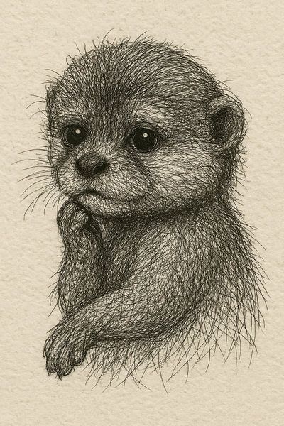 Portrait en fil de fer bébé loutre (dessin réaliste détaillé chambre bébé ludique doux) par Natalie Bruns