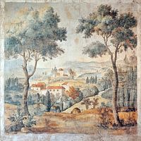 Classic Tuscan fresco with hills and a village