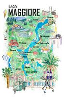 Lago Maggiore Illustrierte Reisekarte mit Strassen und Highlights in Italien und der Schweiz