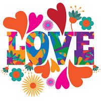 Love Schriftzug mit Herzen und Blumen Vintage 70er Stil