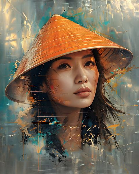 Ostasiatische Frau mit orangefarbenem konischem Hut und warmer Atmosphäre von Ljupka Kareska