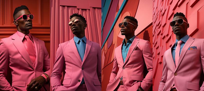 Panorama schwarzer Mann mit Sonnenbrille und rosa Anzug auf rosafarbener Wand, vertikale Pop-Art-Design-Collage von Animaflora PicsStock