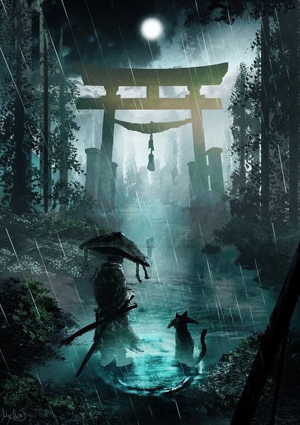 Échos à travers la pluie à la porte Torii par hanzo afthar