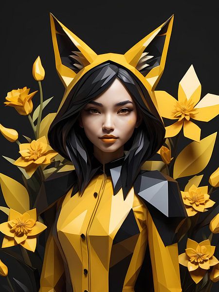Low poly floral fox girl, black and yellow by 1xMerch