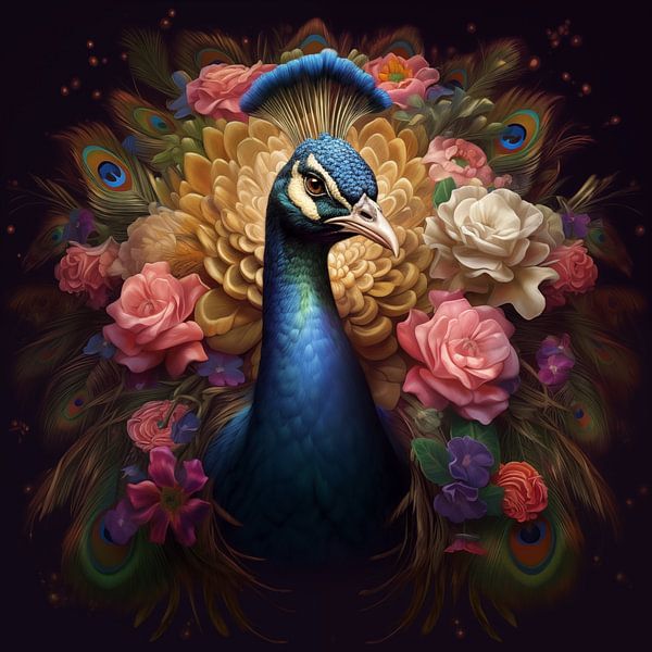 Majestic Peacock in Floral Field by Emil Husstege