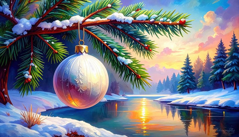 Le Noël des rêves d'hiver silencieux : une boule de sapin de Noël au-dessus de la rivière dans laquelle se reflète le coucher de soleil, entre de grands sapins et un paysage hivernal enneigé par AidasignArt