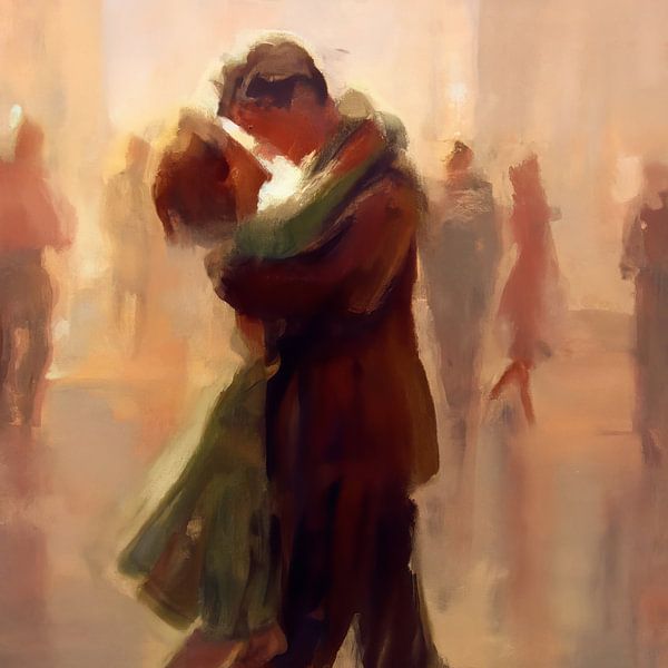 Peinture d'un couple de danseurs dans des couleurs chaudes par Carla Van Iersel