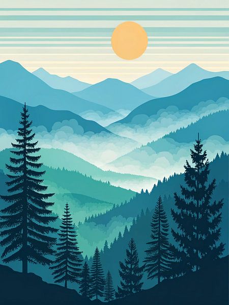 Gelassene Berg-Majestät: Eine stilisierte Vintage-Landschaft von Artistic