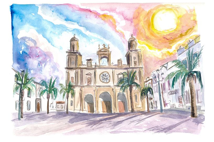 Las Palmas de Gran Canaria cathedral scene with sunset and pl by Markus Bleichner