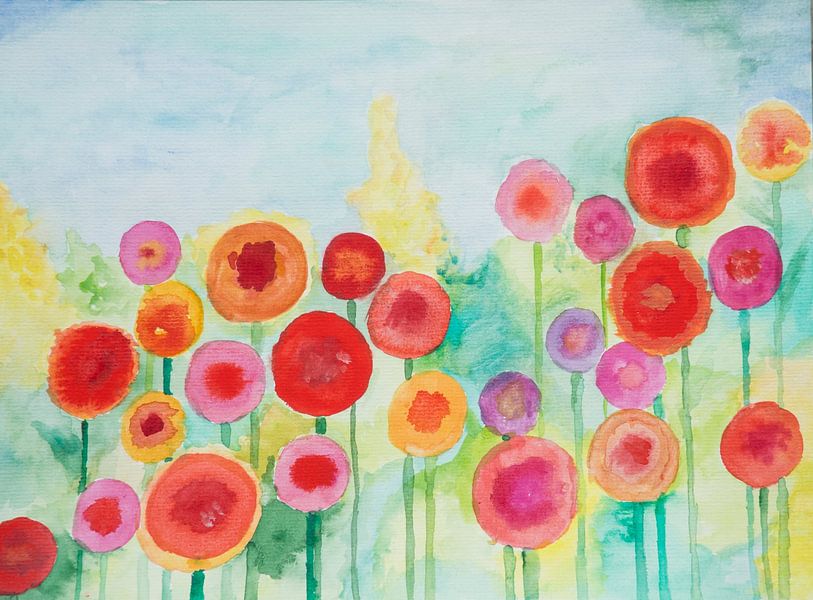 Watercolour of brightly coloured summer flowers in a garden by Birgitte Bergman