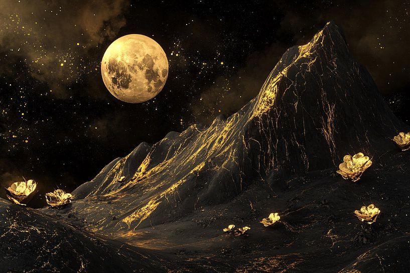 Golden moon and surreal flowers by Art & Soul Creations