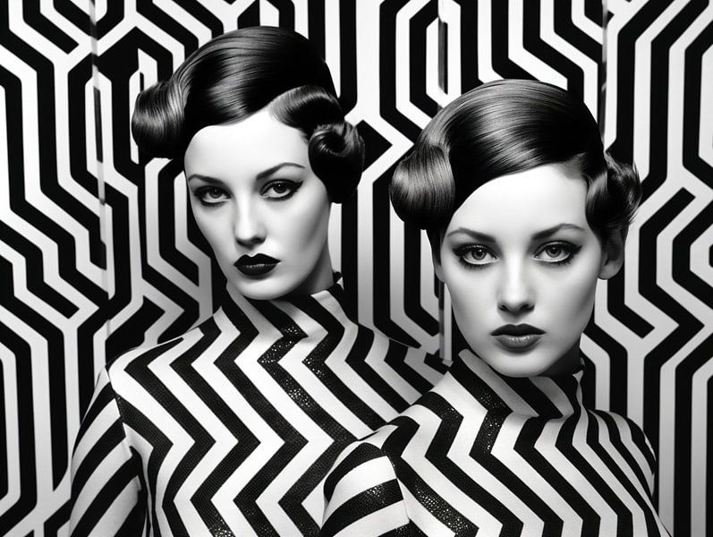 Retro black and white portrait of two women in a pattern game by Roger VDB