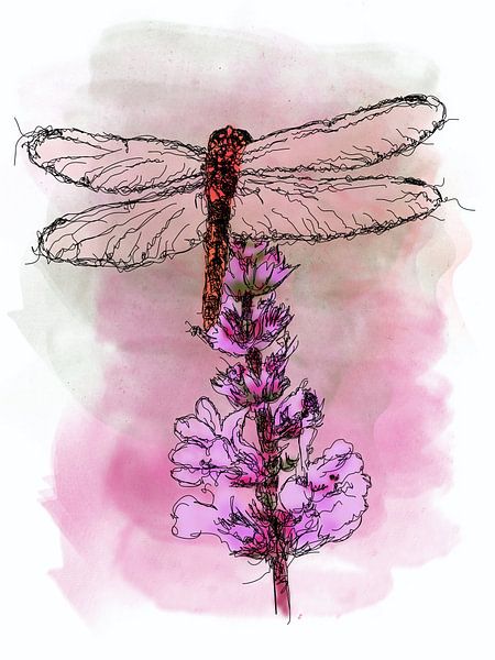 Libelle auf Blume Digital Art von Golden Haze Studio