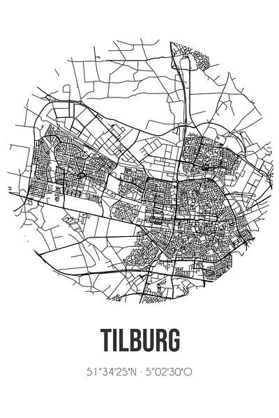 Tilburg (Nordbrabant) | Karte | Schwarz und Weiß von Ortsdrucke