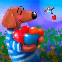 Dackel Tobie liebt es, Herzen zu sammeln