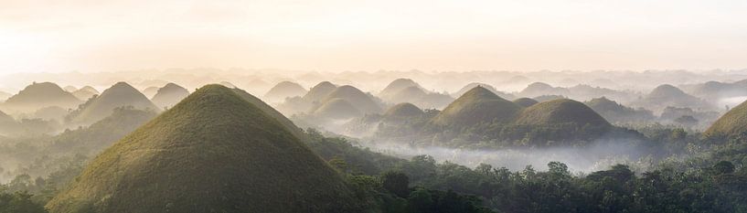 Panoramabild Schokoladenhügel Chocolate Hills auf der Insel Bohol in den Philippinen zum Sonnenaufga von Daniel Pahmeier