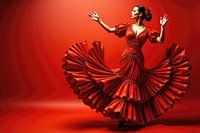 Flamenco-Tänzerin, die mit Leidenschaft auf rotem Hintergrund auftritt