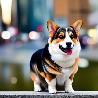 Welsh Corgi in der Stadt mit großer Tiefenschärfe