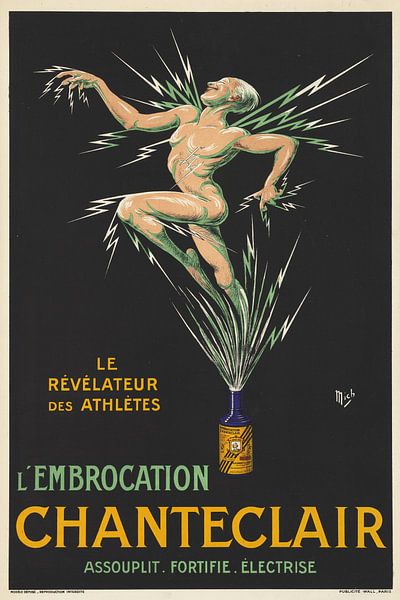 Un athlète nu a fui, une drogue exfoliante sur une affiche publicitaire. par Atelier Liesjes