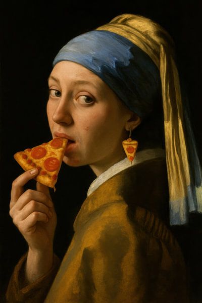 Mädchen mit Pizza und Perlenohrring von Poster Art Shop