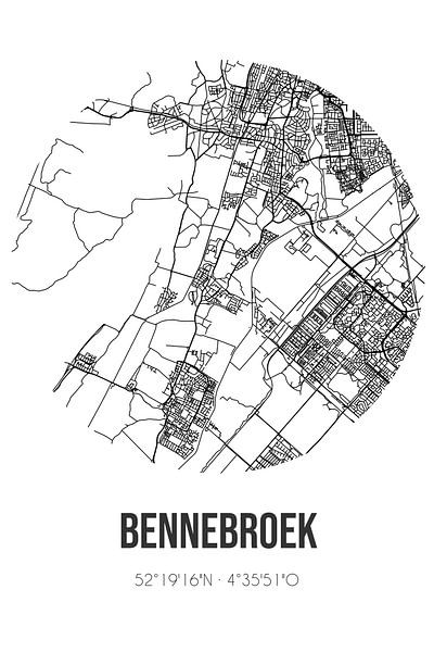 Bennebroek (Noord-Holland) | Karte | Schwarz und Weiß von Ortsdrucke