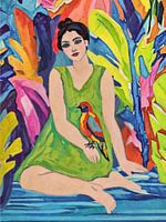 Frau mit Vogel, Lebendiger Dschungel Tropischer Kunstdruck