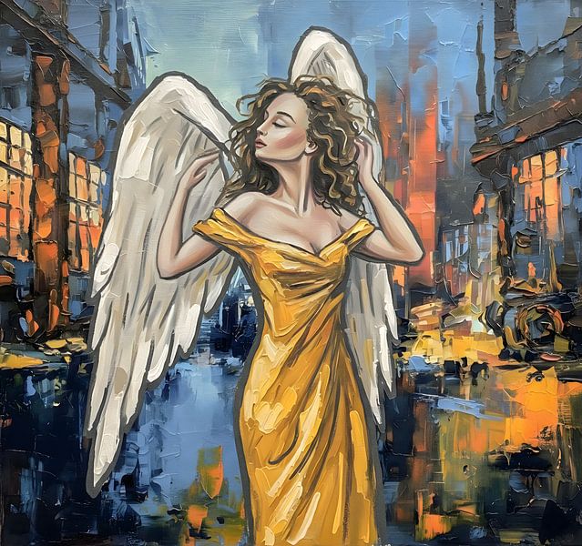 Buntes Kunstwerk Engel in verlassener Fabrik von Emiel de Lange