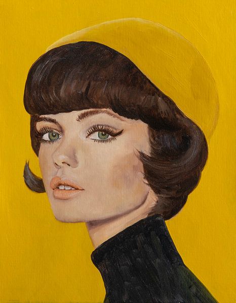Portrait à l'huile Femme avec chapeau jaune, vintage par Jennemie De Beer