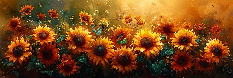 Leuchtende Sonnenblumen auf Aquarell-Hintergrund Gemälde von Poster Art Shop