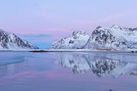 Winter landscape with snowy mountains and purple sky during dusk at Skagsanden beach, Lofoten, Norwa