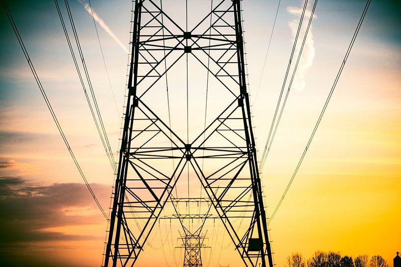 High Voltage electricyty transmission towers during sunset  by Sjoerd van der Wal Photography