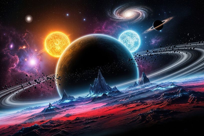 Planets, Suns, and Terrain in Space Scene by Markus Gann