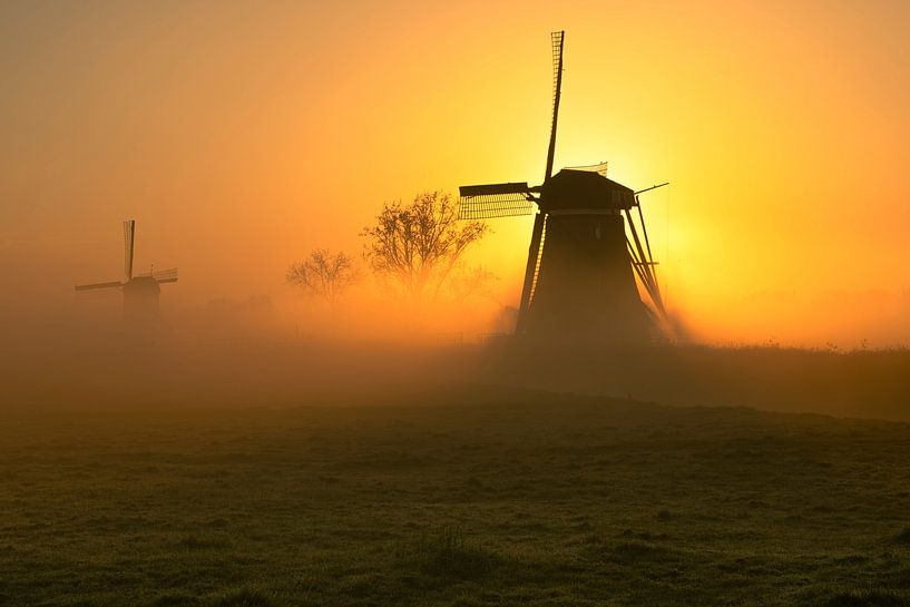 Two windmills in the mist near Streefkerk by Richard Nell