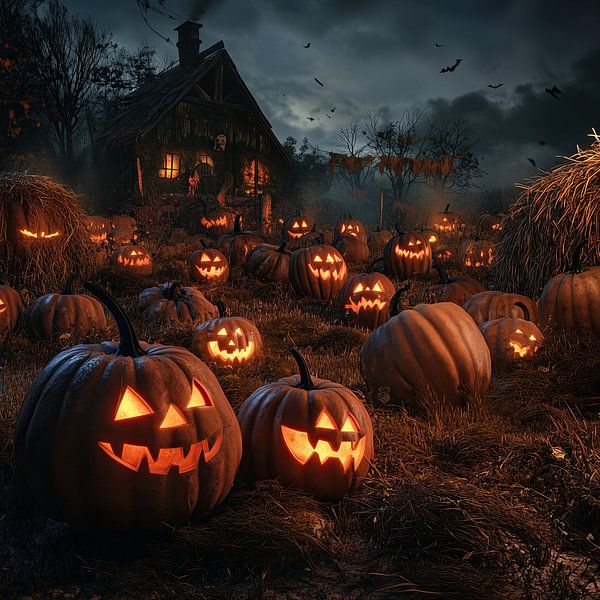 Citrouilles lumineuses d'Halloween dans la brume par Mel Digital Art