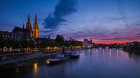 Regensburg, cathedral, Danube and Stone Bridge at sunset