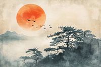 Asiatische Zen-Landschaft mit orangefarbener Sonne