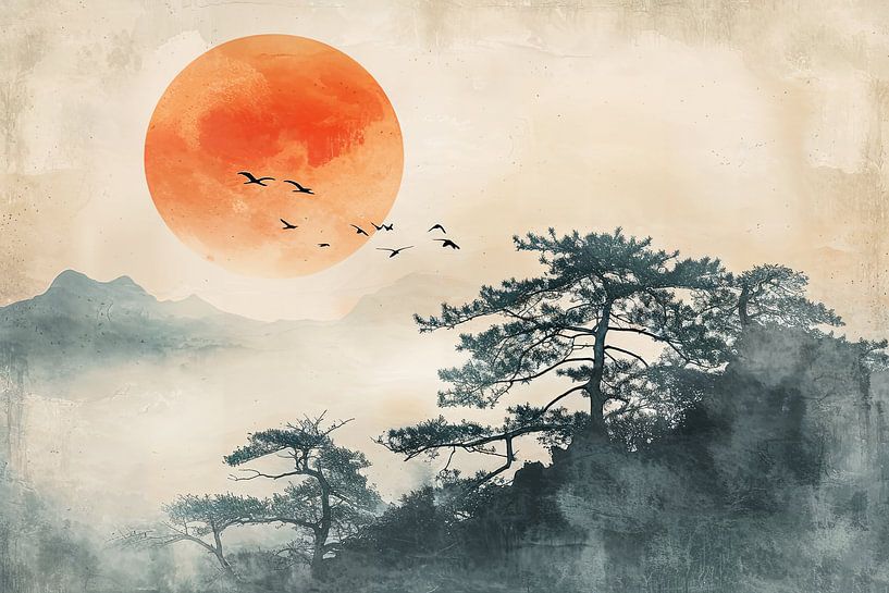 Asian zen landscape with orange sun by Vlindertuin-Art