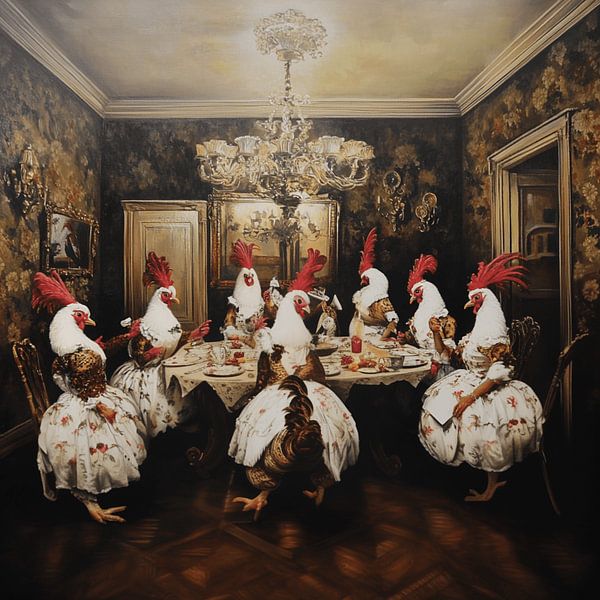 "Verhip a Chicken: Eine Ode an die Haustiere in luxuriöser Collagenkunst" von Exclusief Werk Aan de Muur