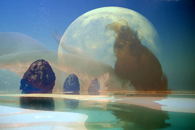 Woman in colorful landscape with the earth as a background (World) by Cor Heijnen