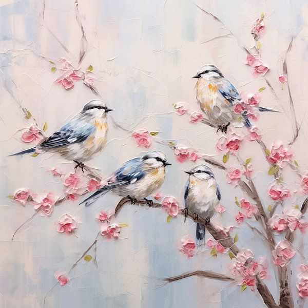 Four birds on pink cherry blossom by Bianca ter Riet