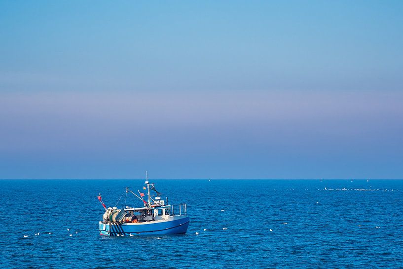Bateau de pêche avec des mouettes sur la mer Baltique en face de Warnemünde par Rico Ködder