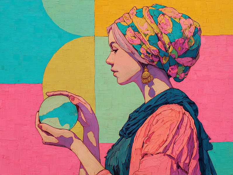 Frau Stirnband | Vibrierende Frau hält Sphäre von Wunderbare Kunst