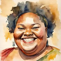 Femme chaleureuse aux cheveux frisés et au sourire