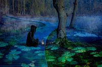Mysterious woman seated on a deck with water lilies
