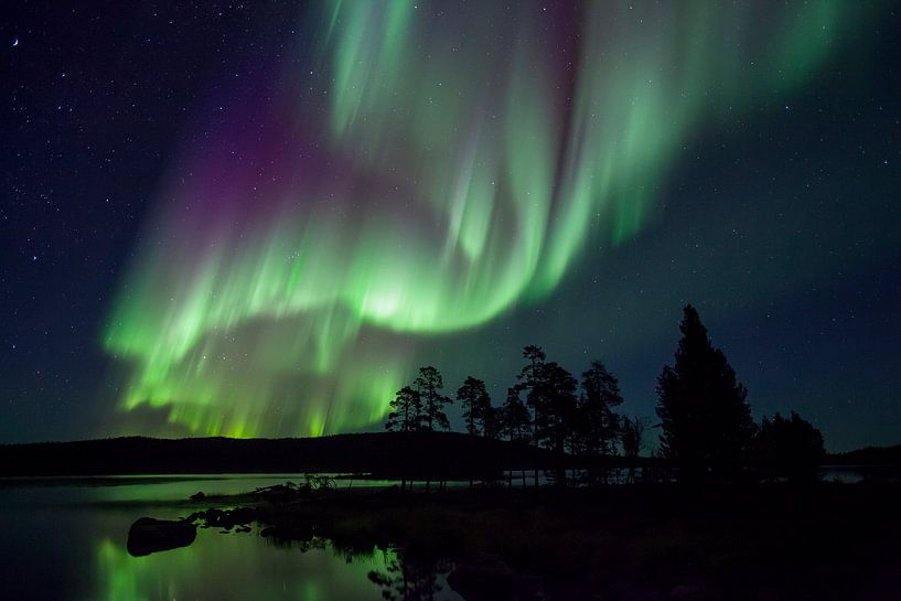 Lake and aurora borealis, Lake Inari, Lapland, Finland by Nature in Stock