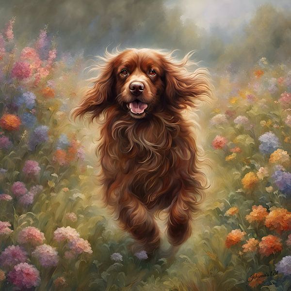 Sussex Spaniel spielt in einem Blumenfeld von Johannas Art Creations