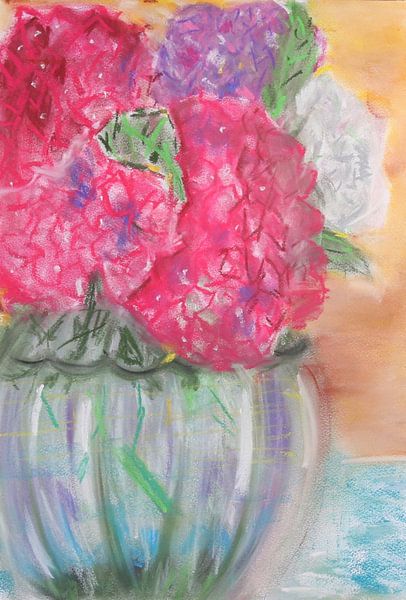 Pasteltekening van een boeket Hortensia's in transparante vaas (Hydrangeas in transparant vase, Hort par Catharina Mastenbroek