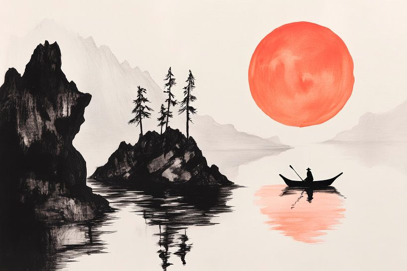 Ruhige Landschaft mit roter Sonne von Poster Art Shop