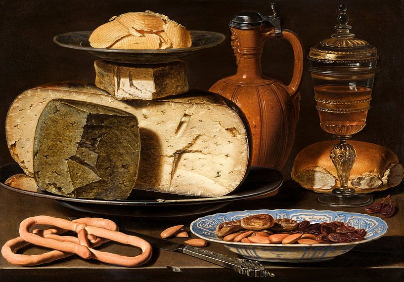 Clara Peeters, Nature morte avec fromages, pain et ustensiles à boire par Des maîtres magistraux